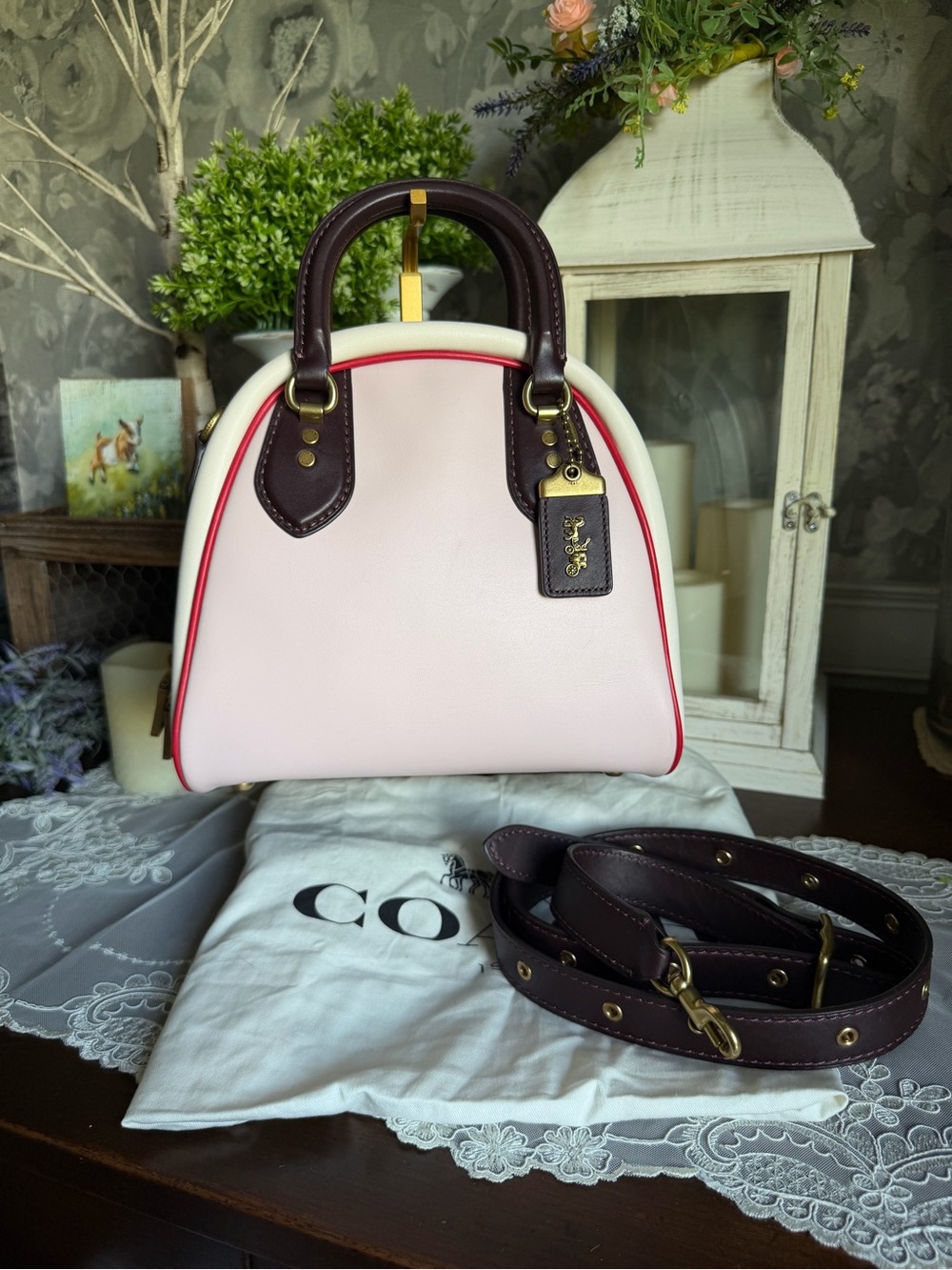 RARE Coach MARLEIGH Colorblock Brass/ Ice Pink Leather Satchel Bag Purse